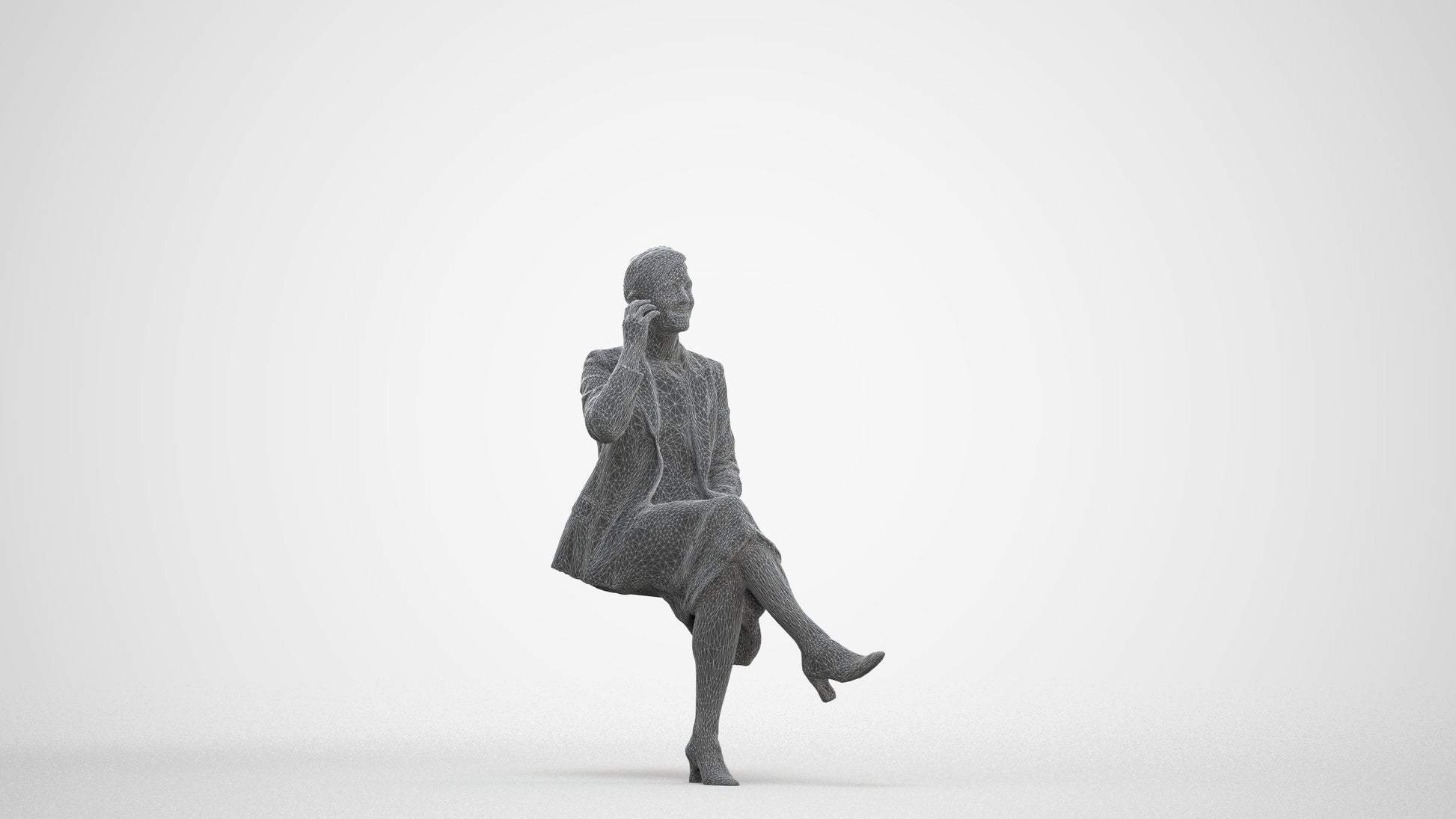 3D human model woman business sitting, photogrammetry scanned person for archviz, three-quarter front view render