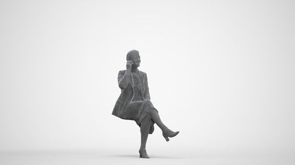 3D human model woman business sitting, photogrammetry scanned person for archviz, three-quarter front view render