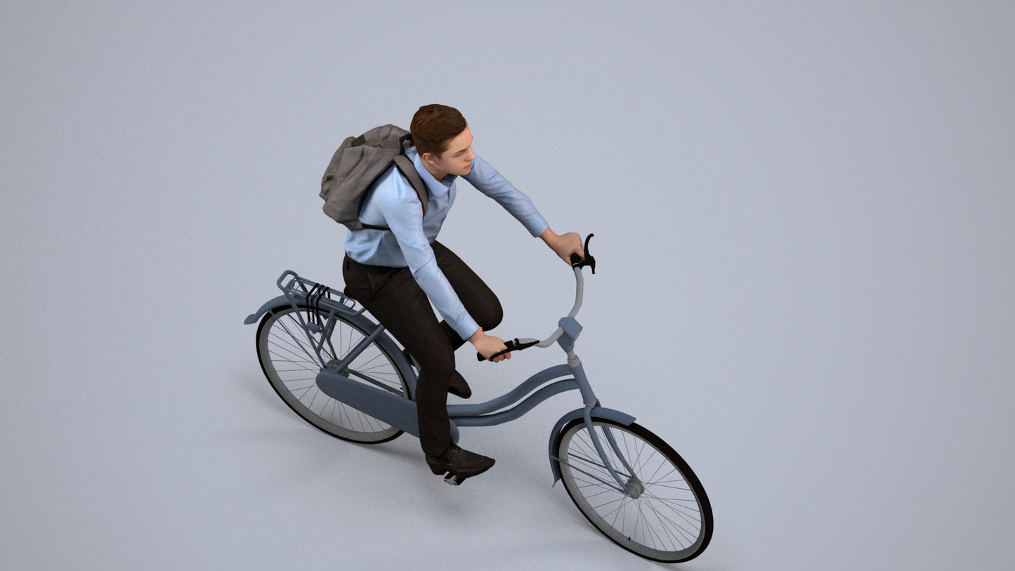 realistic 3D human boy business cycling, archviz people FBX OBJ for Blender, back view render