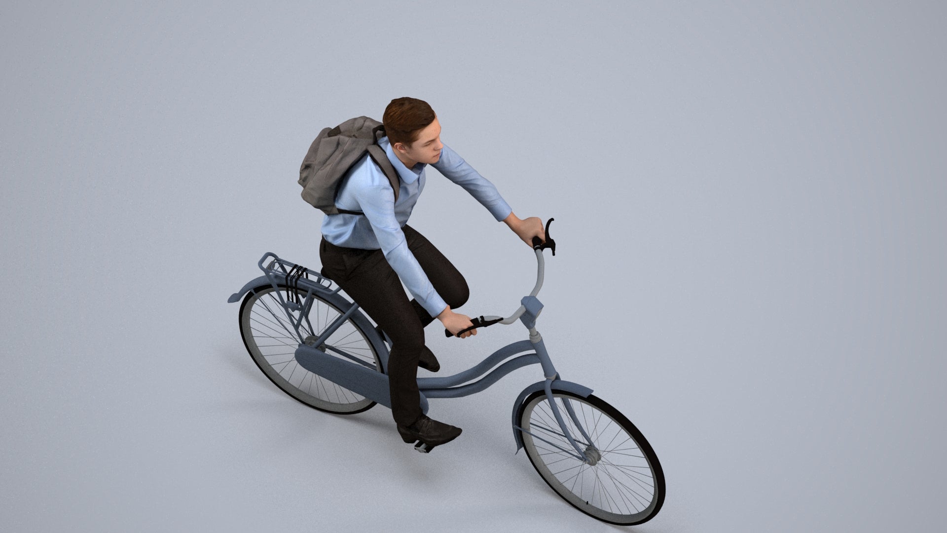 realistic 3D human boy business cycling, archviz people FBX OBJ for Blender, back view render