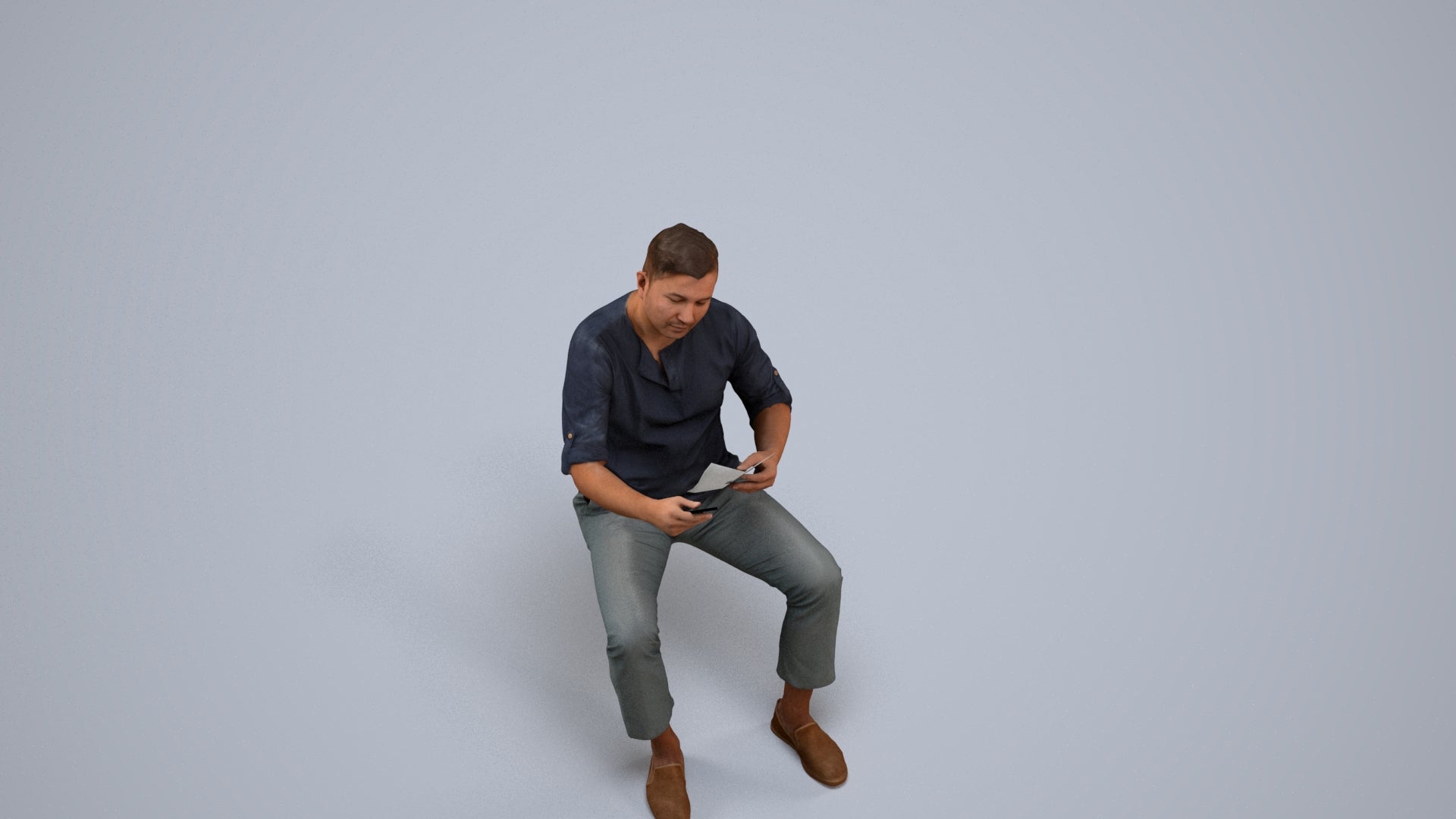 photogrammetry 3D man casual sitting, realistic human model archviz FBX, back view render