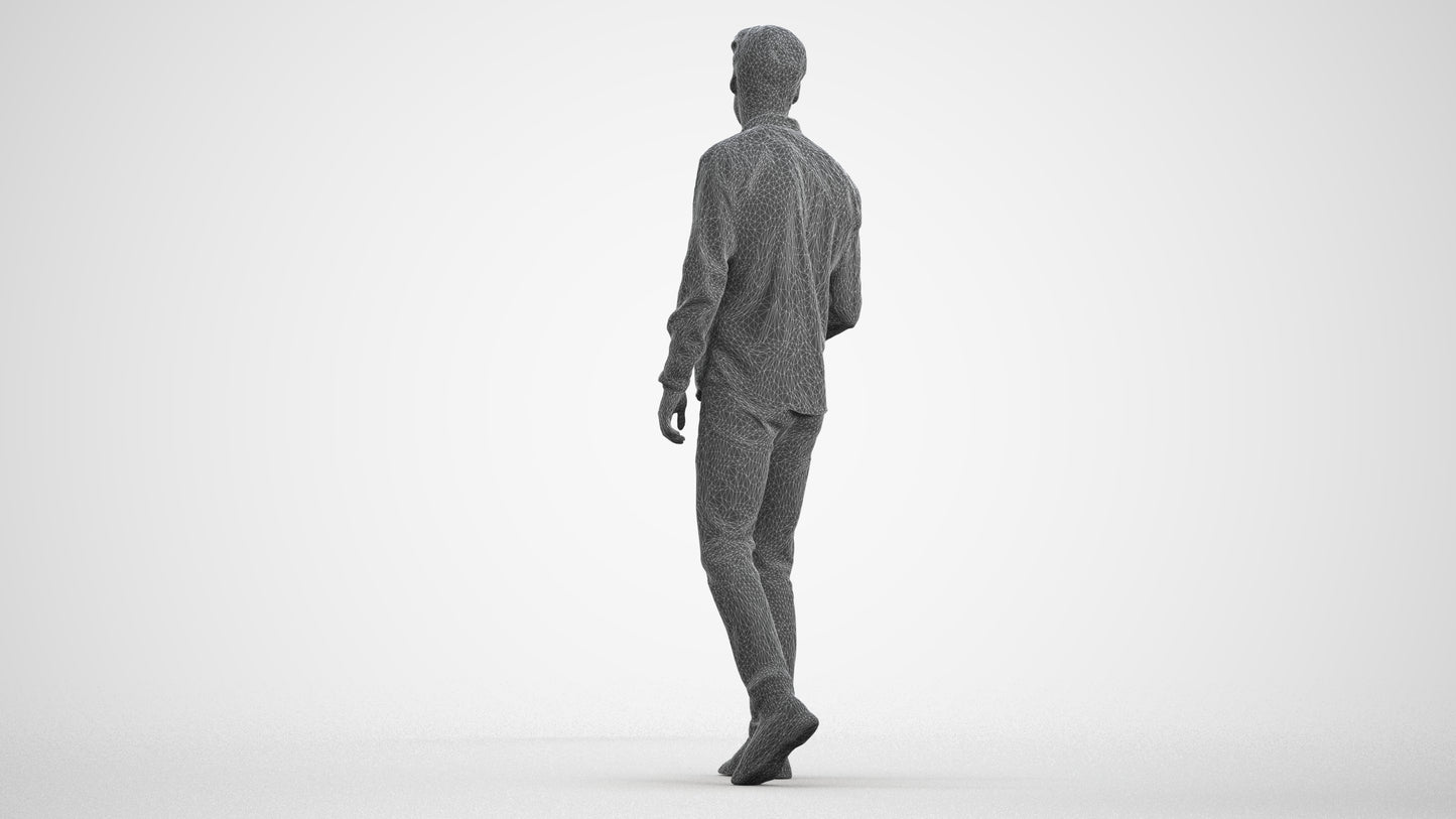 3D human model man casual walking, photogrammetry scanned person for archviz, wireframe front view