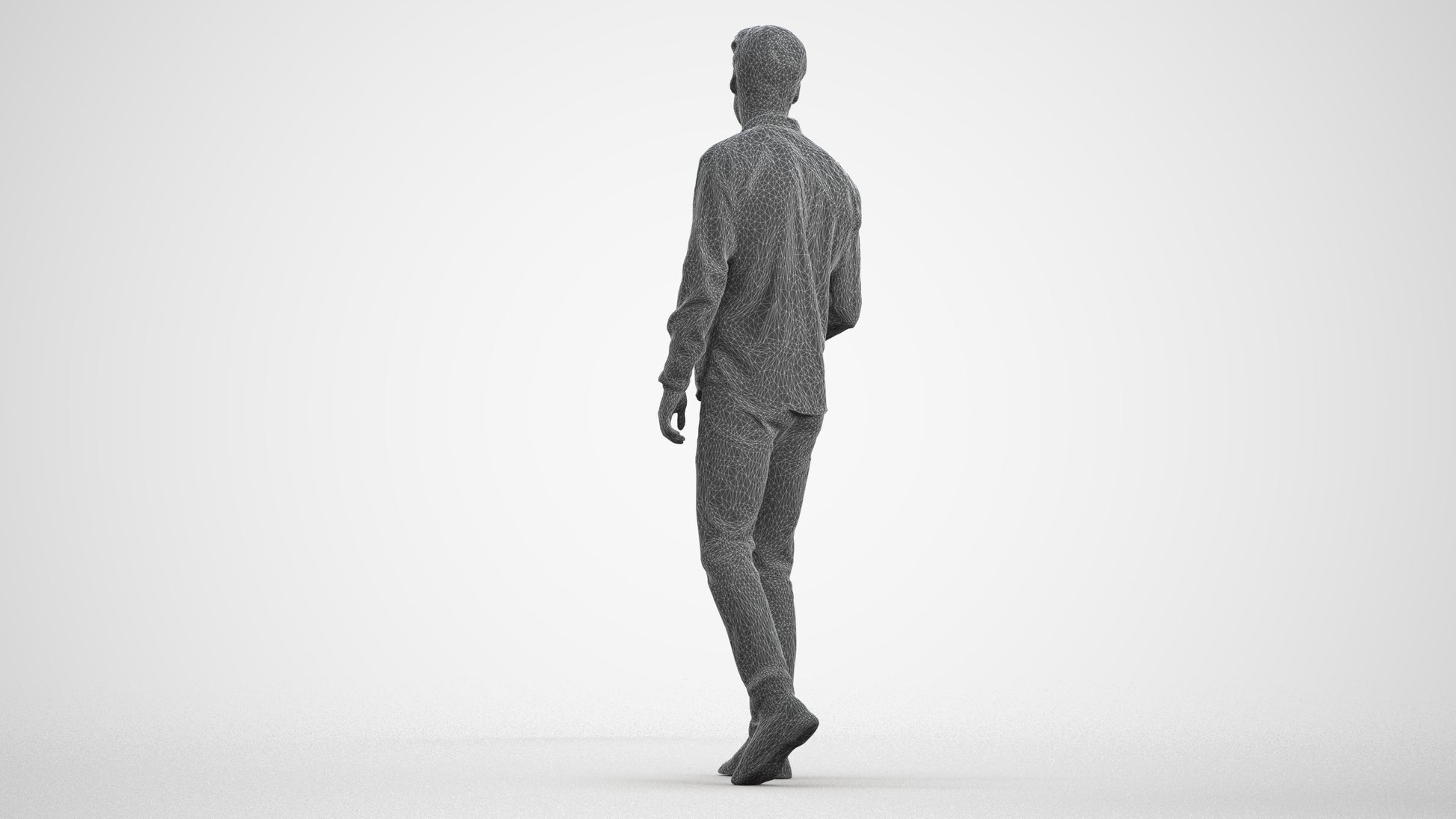 3D human model man casual walking, photogrammetry scanned person for archviz, wireframe front view