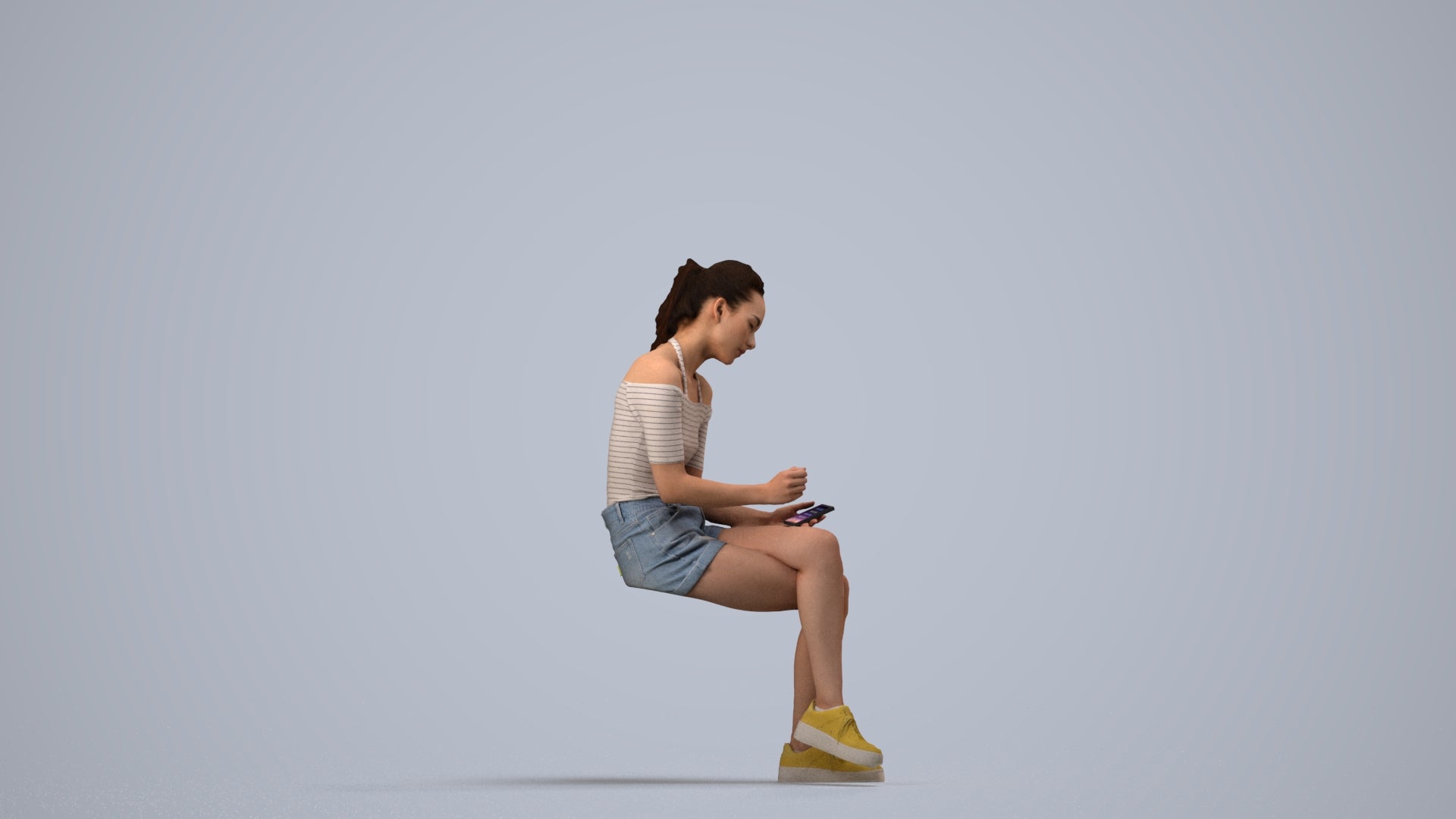 realistic 3D people woman casual sitting, render-ready for V-Ray and Corona, FBX OBJ, side view render