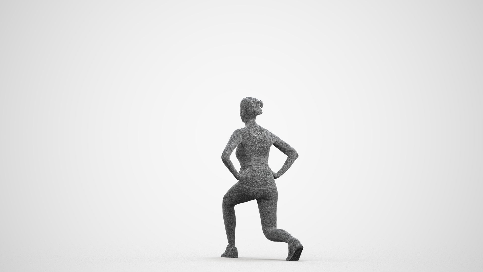 3D human model woman sport standing, photogrammetry scanned person for archviz, wireframe front view