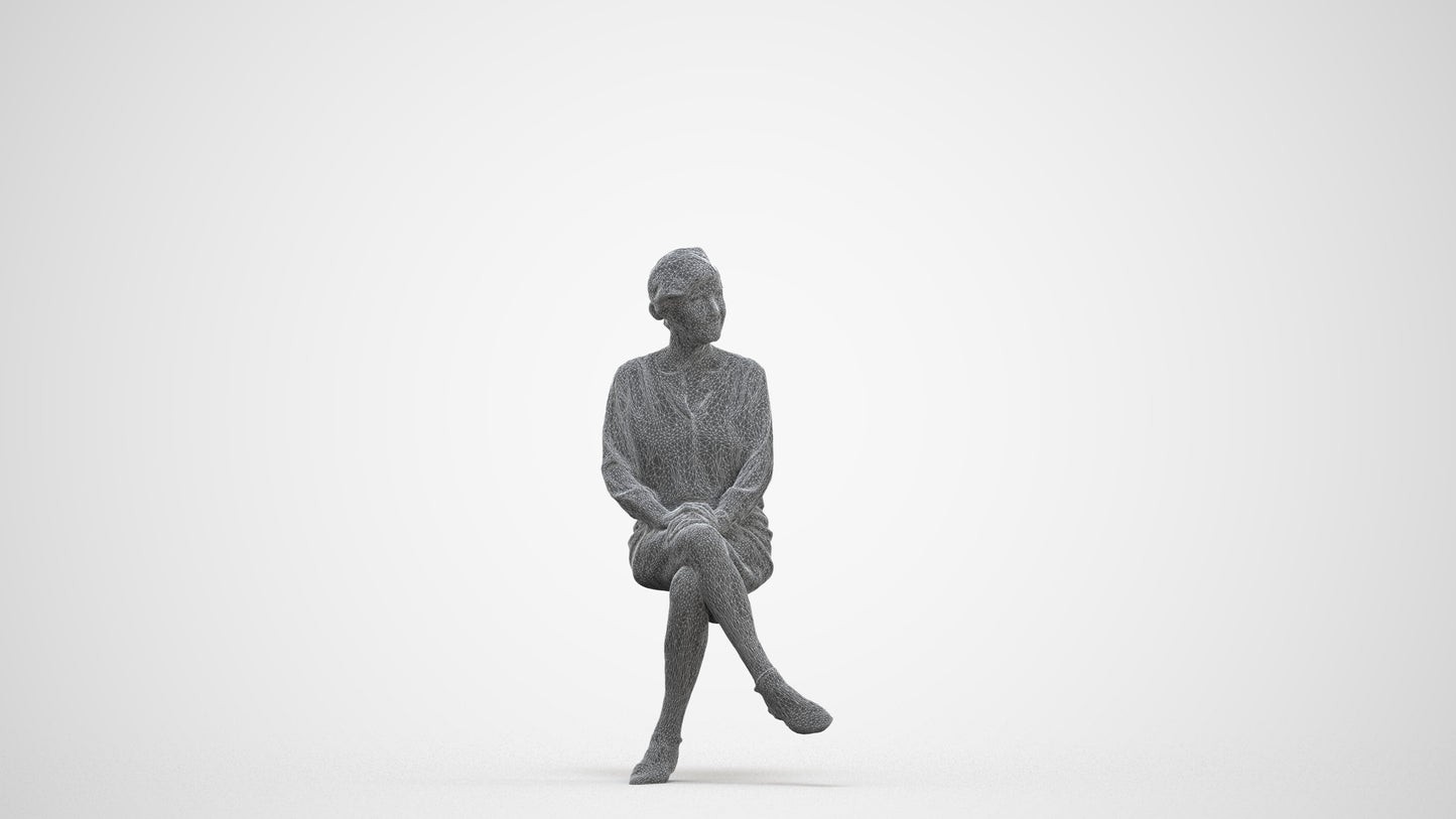 realistic 3D senior woman business sitting, scanned archviz people for Blender and 3ds Max, three-quarter front view render