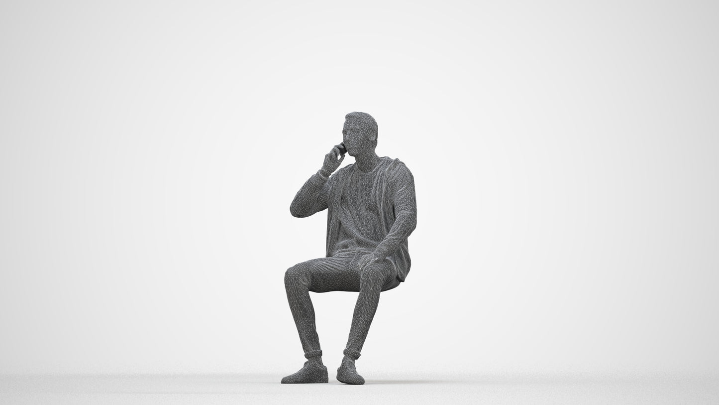 realistic 3D human man casual sitting, archviz people FBX OBJ for Blender, wireframe back view