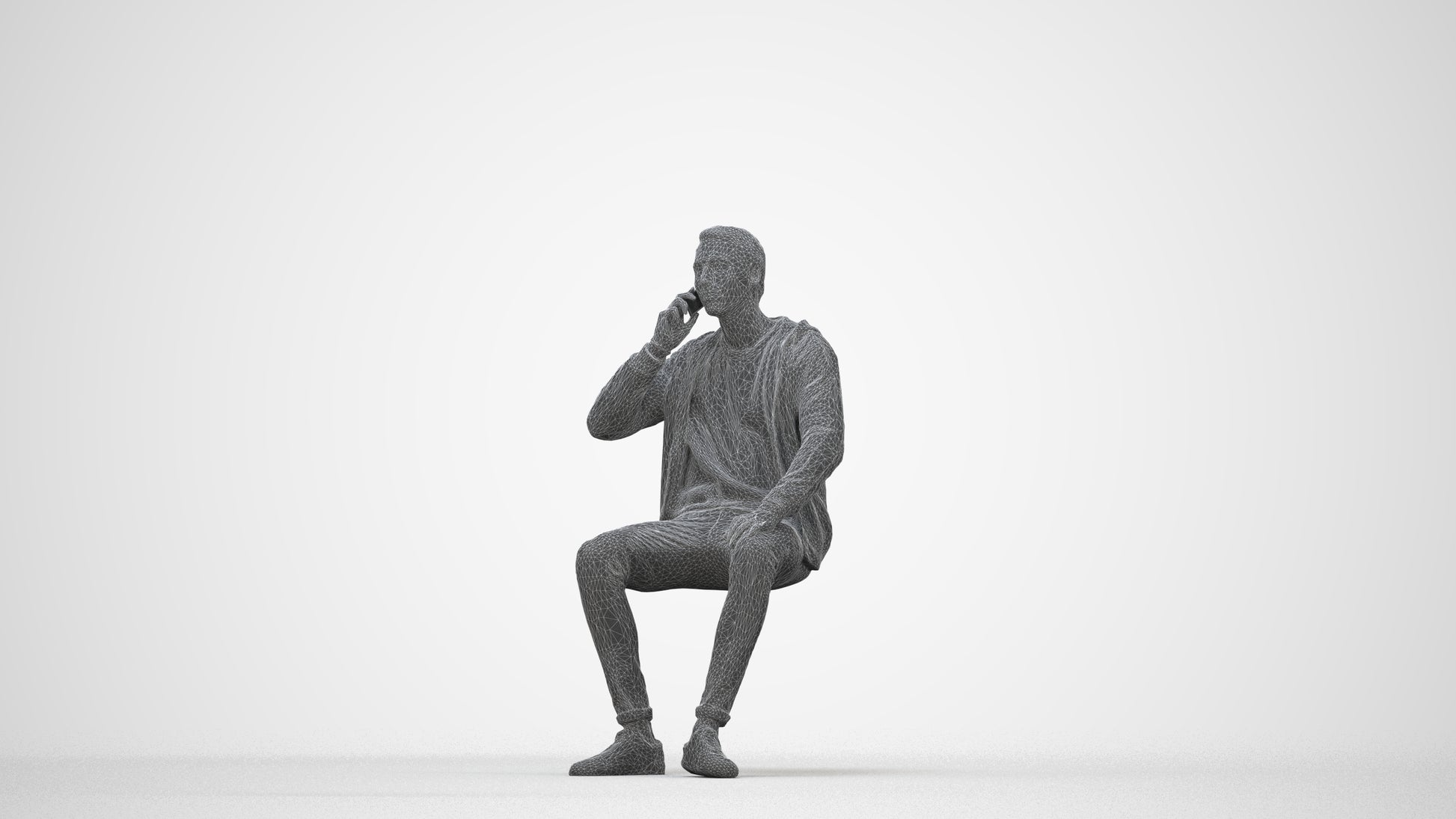 realistic 3D human man casual sitting, archviz people FBX OBJ for Blender, wireframe back view