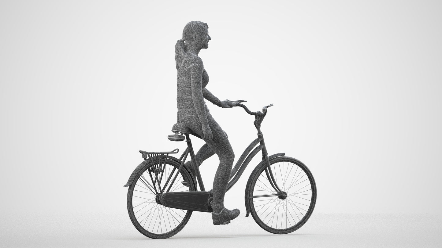 realistic 3D human woman casual cycling, archviz people FBX OBJ for Blender, wireframe side view