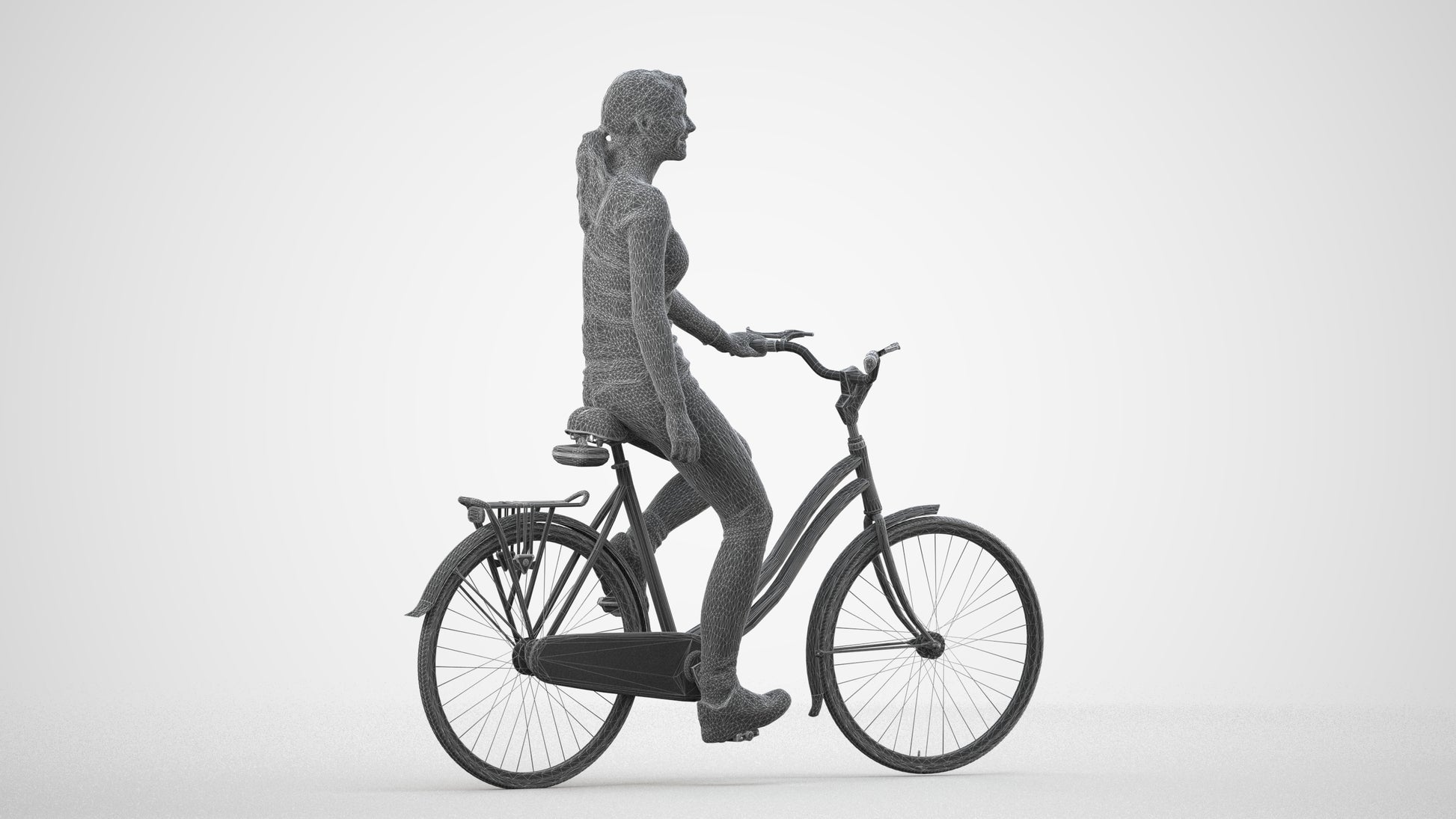 realistic 3D human woman casual cycling, archviz people FBX OBJ for Blender, wireframe side view