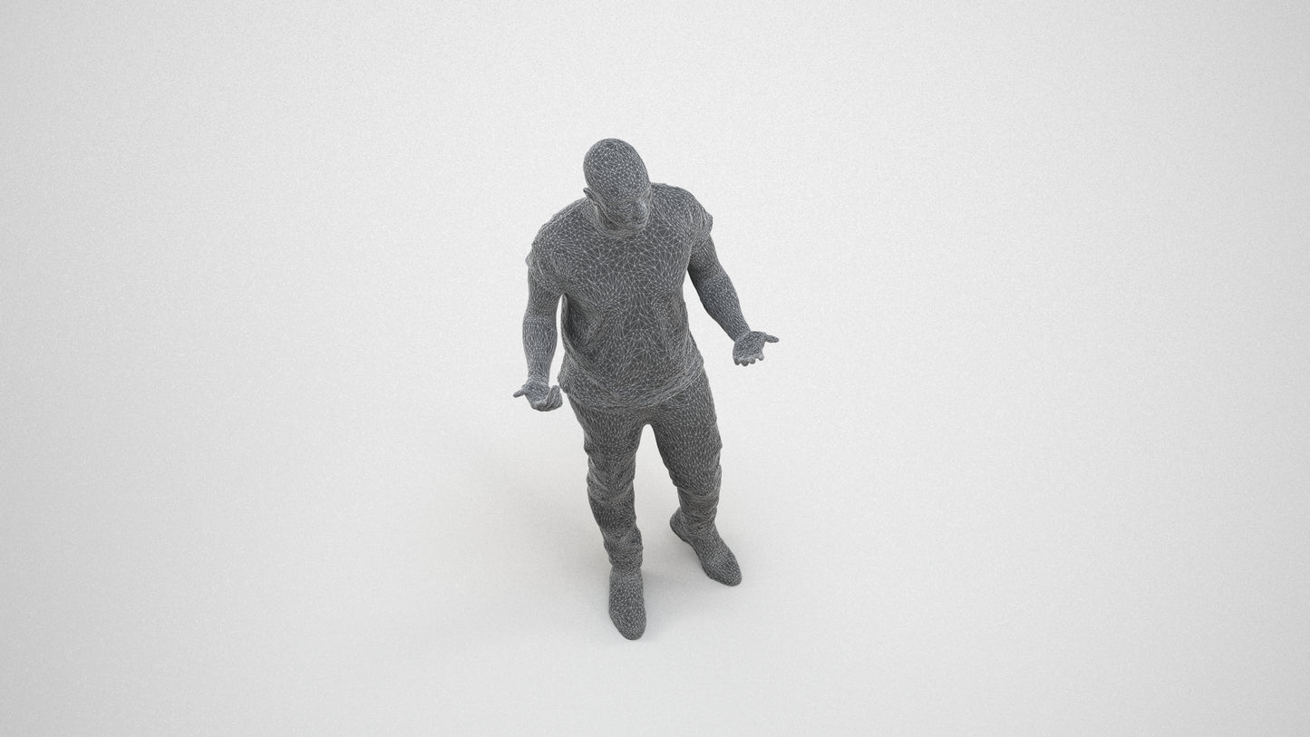 photogrammetry 3D man casual standing, realistic human model archviz FBX, wireframe three-quarter view