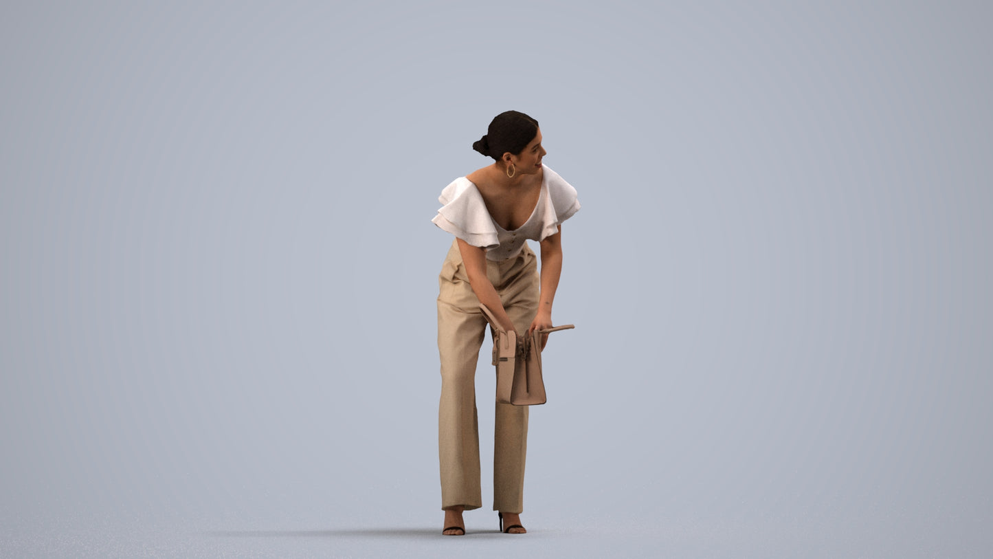 3D scanned woman standing business, photorealistic archviz people for Enscape and SketchUp, side view render