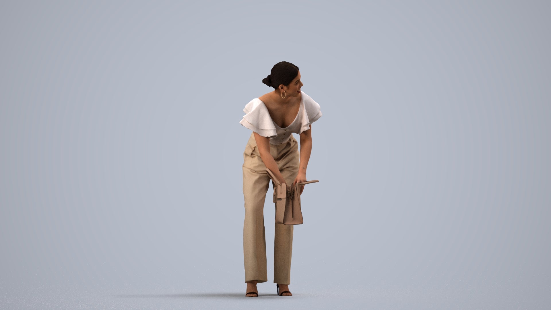 3D scanned woman standing business, photorealistic archviz people for Enscape and SketchUp, side view render