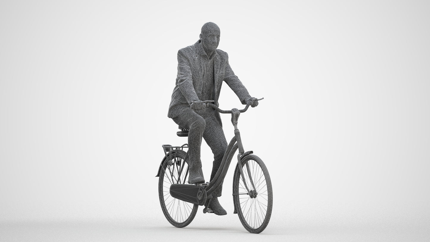 realistic 3D senior man business cycling, scanned archviz people for Blender and 3ds Max, three-quarter front view render