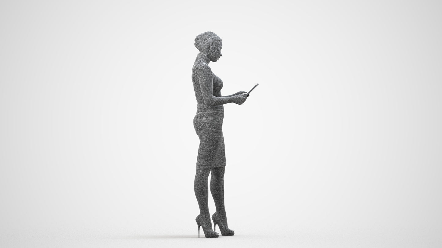 3D scanned woman standing business, photorealistic archviz people for Enscape and SketchUp, wireframe side view