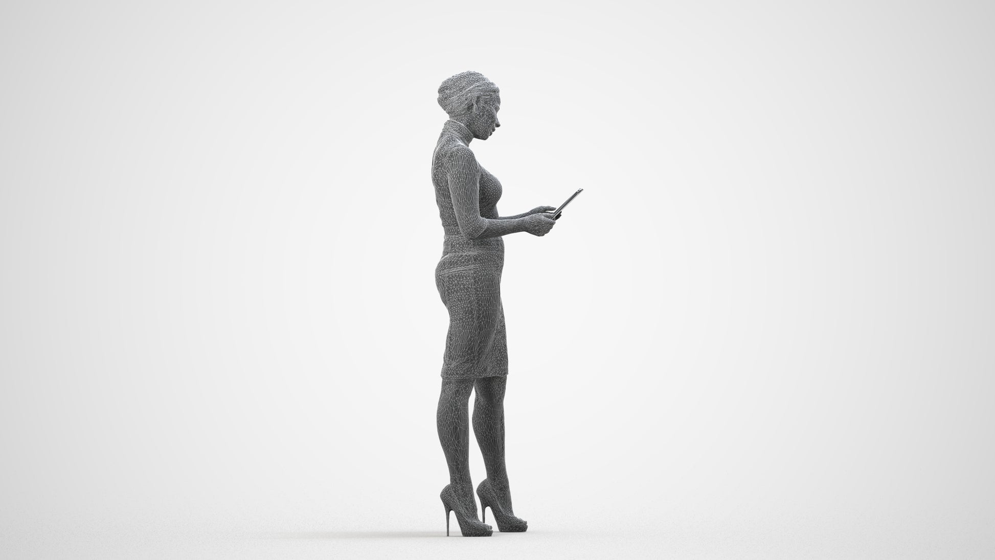 3D scanned woman standing business, photorealistic archviz people for Enscape and SketchUp, wireframe side view