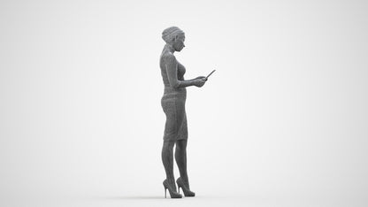 3D scanned woman standing business, photorealistic archviz people for Enscape and SketchUp, wireframe side view