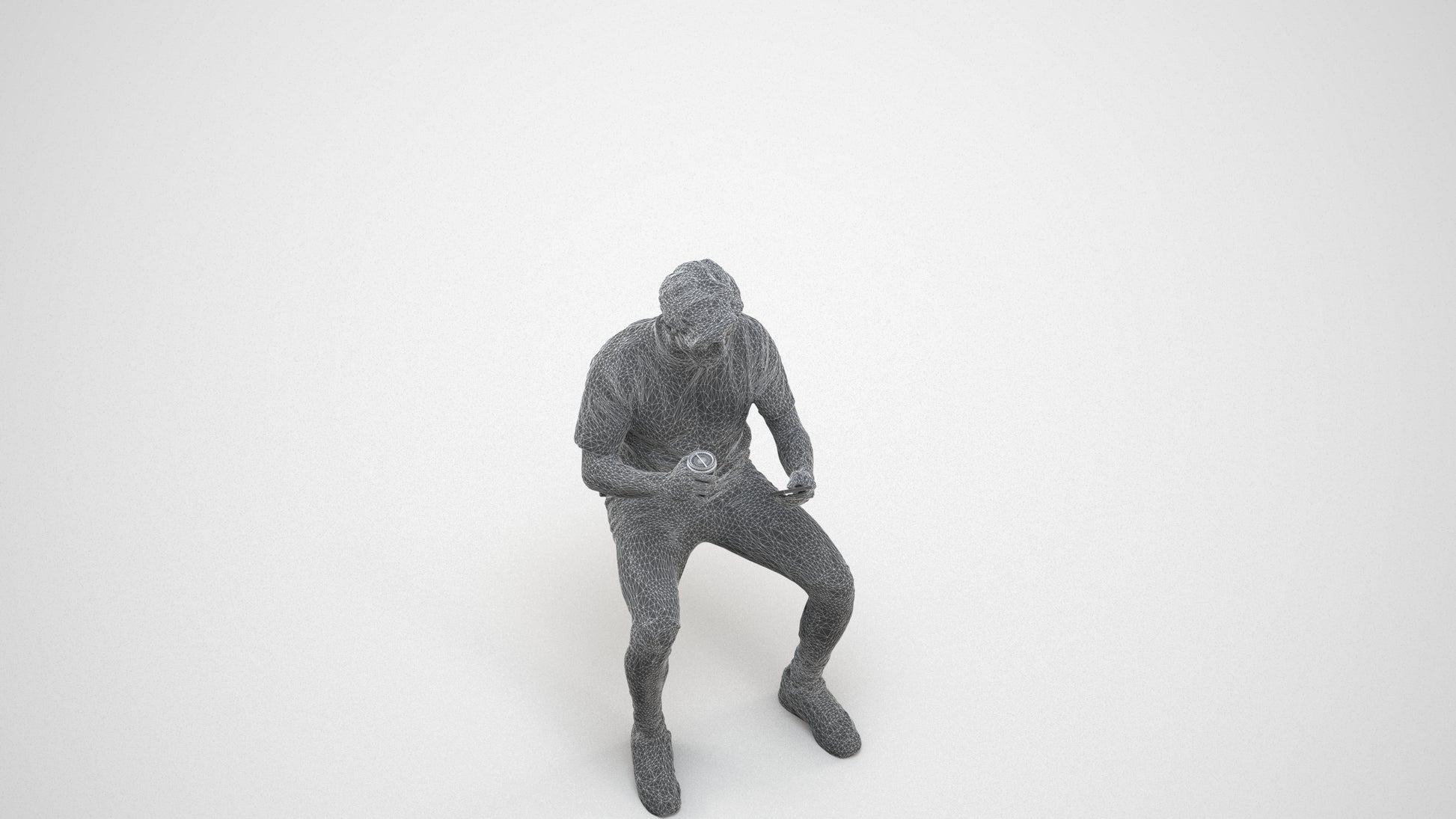 3D human model man casual sitting, photogrammetry scanned person for archviz, wireframe three-quarter view