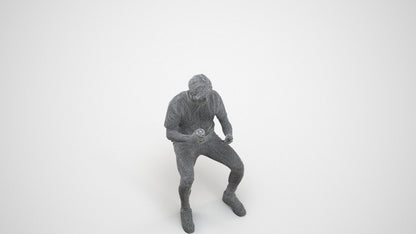 3D human model man casual sitting, photogrammetry scanned person for archviz, wireframe three-quarter view