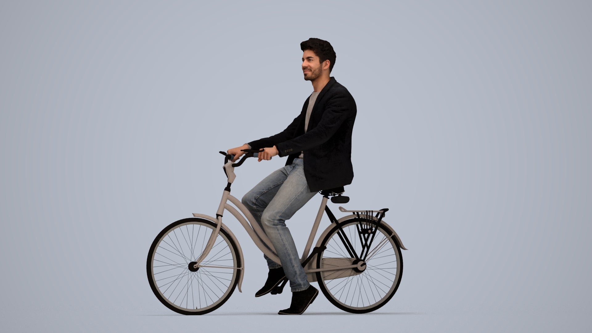 realistic 3D man casual cycling, scanned archviz people for Blender and 3ds Max, top-down view render