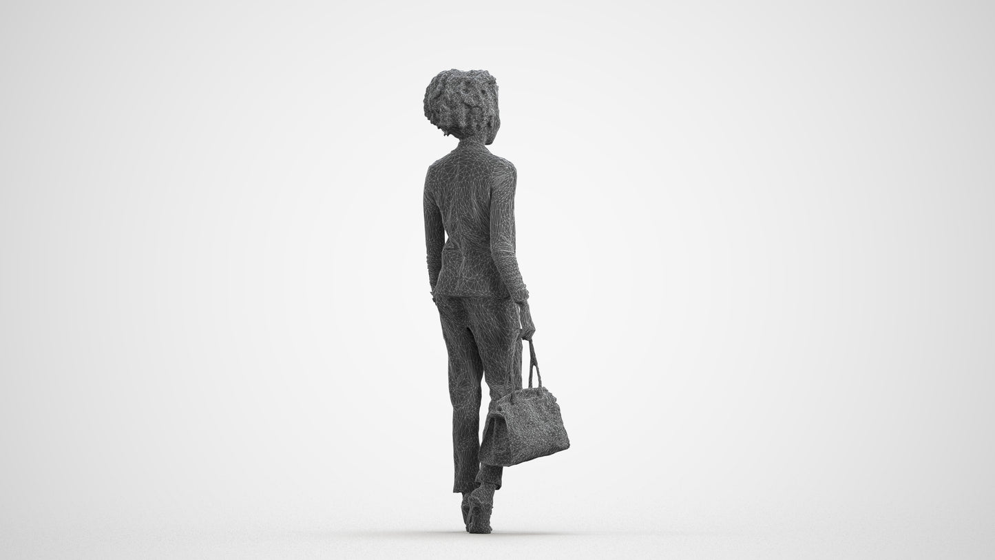 realistic 3D woman business walking, scanned archviz people for Blender and 3ds Max, wireframe front view