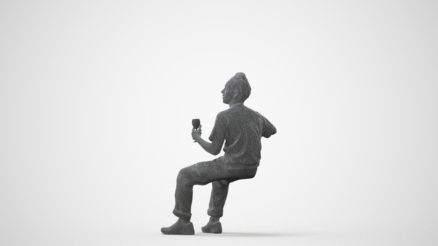 3D human model man casual sitting, photogrammetry scanned person for archviz, square thumbnail