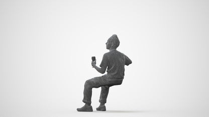 3D human model man casual sitting, photogrammetry scanned person for archviz, square thumbnail