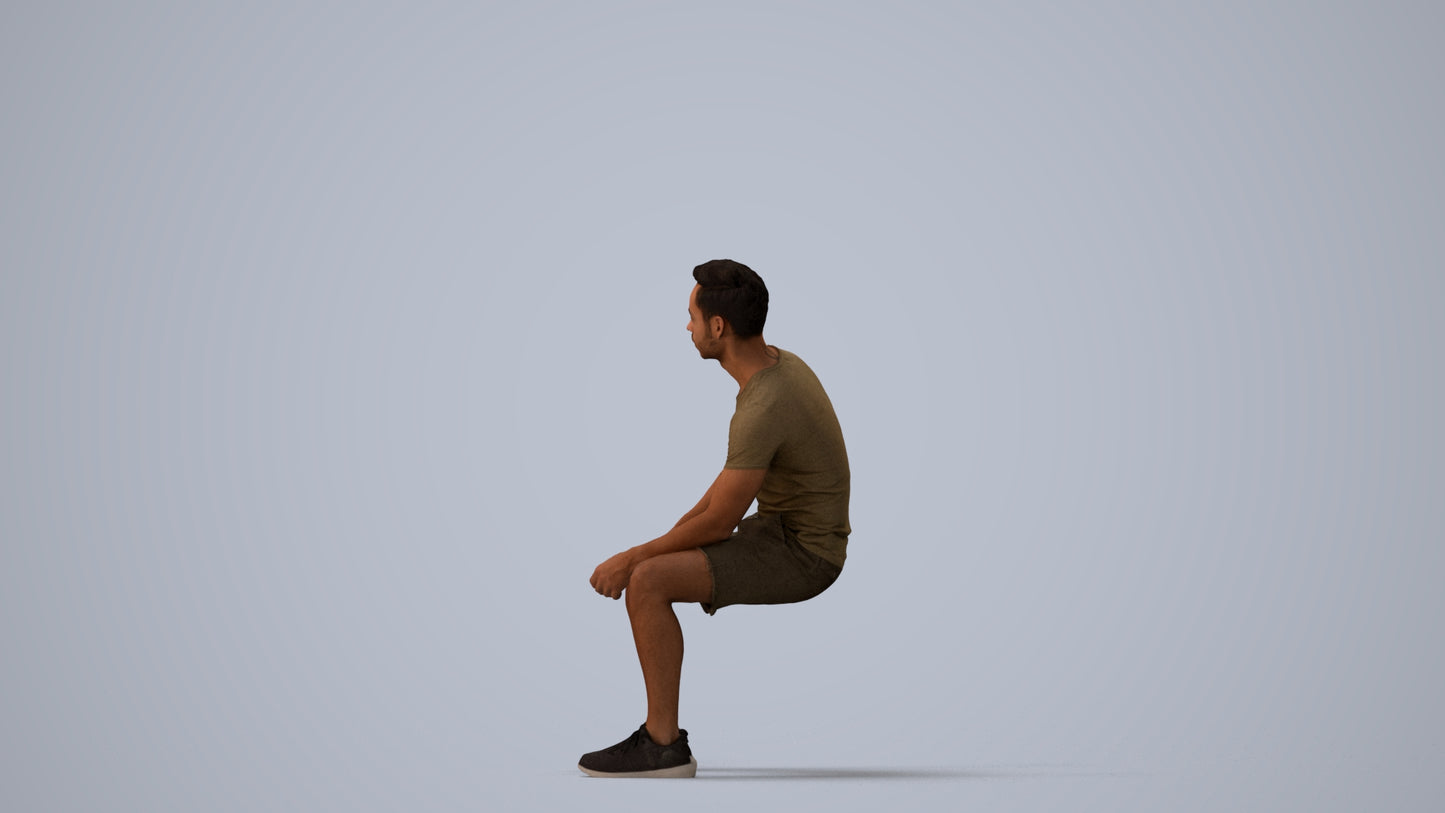 realistic 3D human man casual sitting, archviz people FBX OBJ for Blender, three-quarter view render