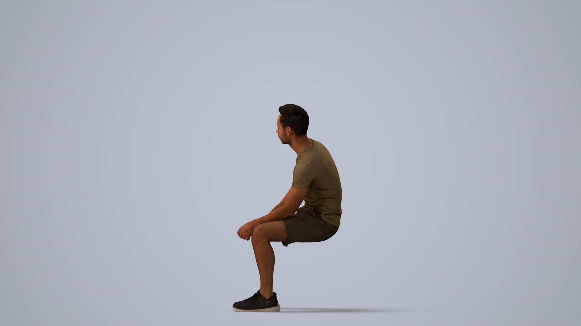 realistic 3D human man casual sitting, archviz people FBX OBJ for Blender, three-quarter view render