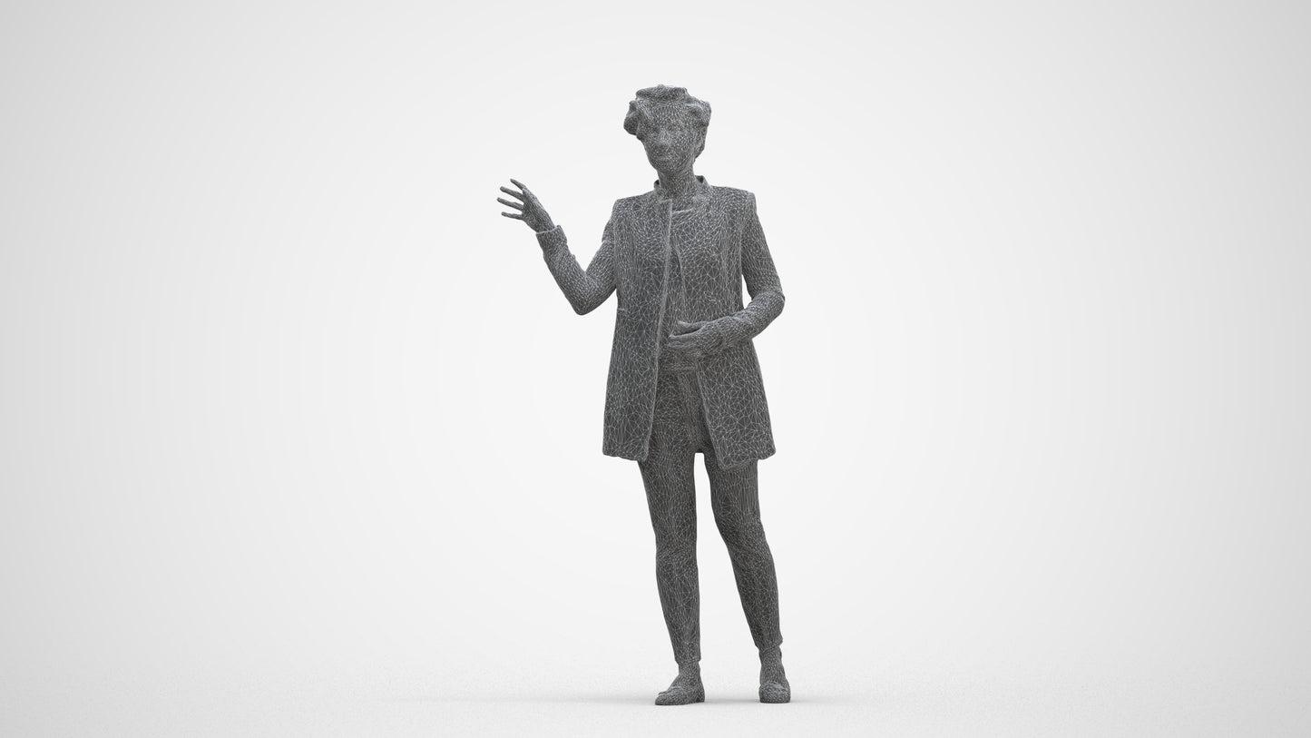3D human model woman business, photogrammetry scanned person for archviz, three-quarter front view render
