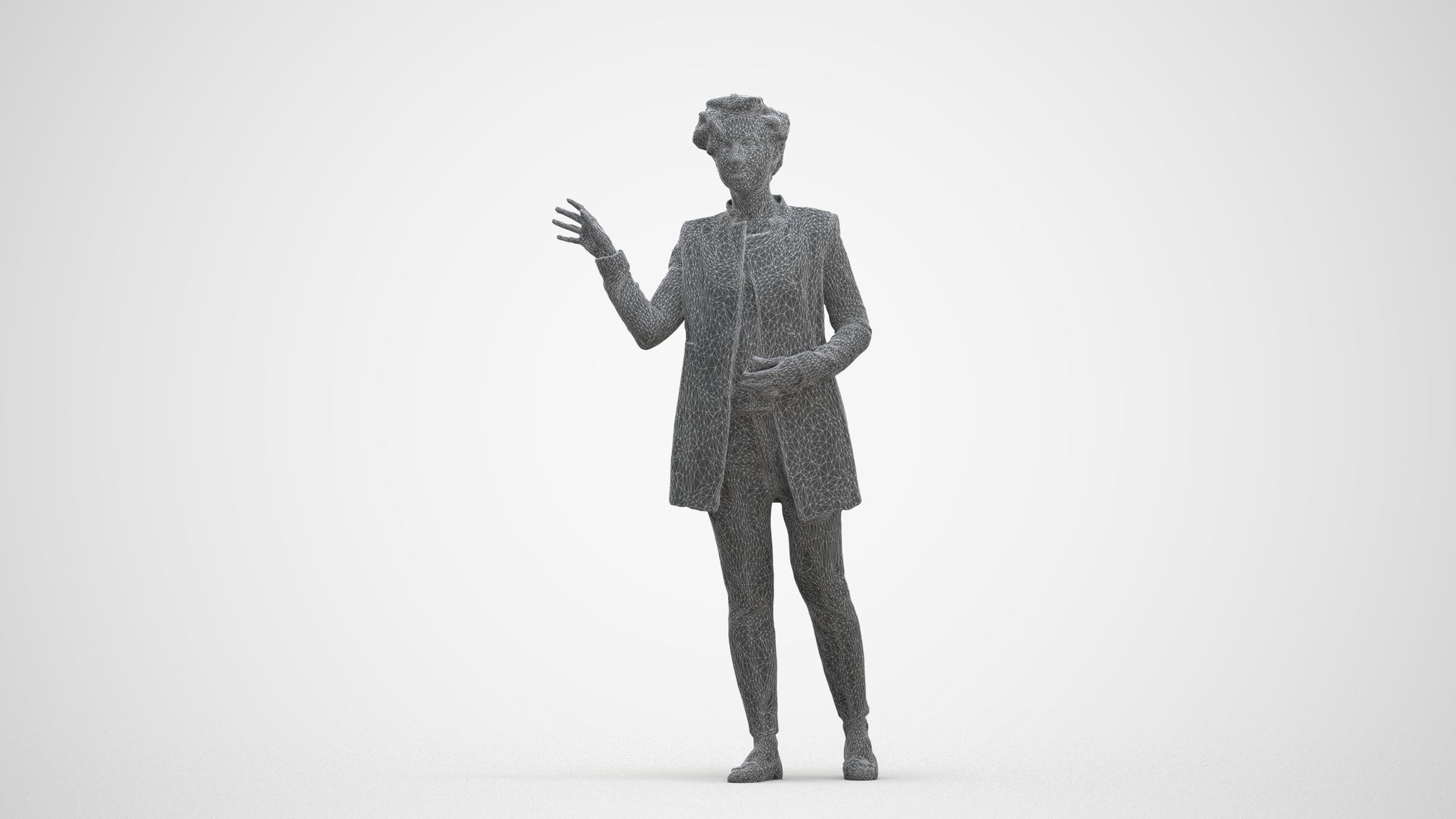 3D human model woman business, photogrammetry scanned person for archviz, three-quarter front view render