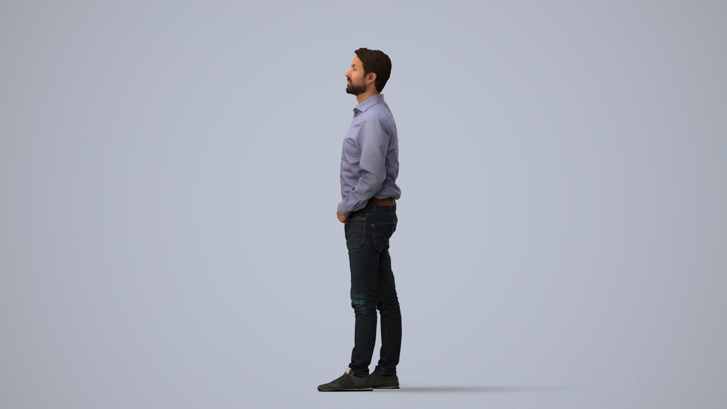 3D scanned man standing business, photorealistic archviz people for Enscape and SketchUp, three-quarter view render
