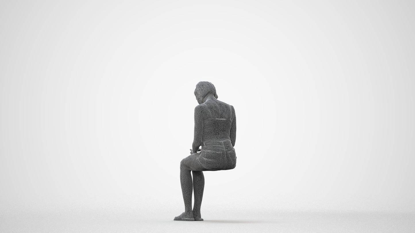 realistic 3D woman casual sitting, scanned archviz people for Blender and 3ds Max, square thumbnail