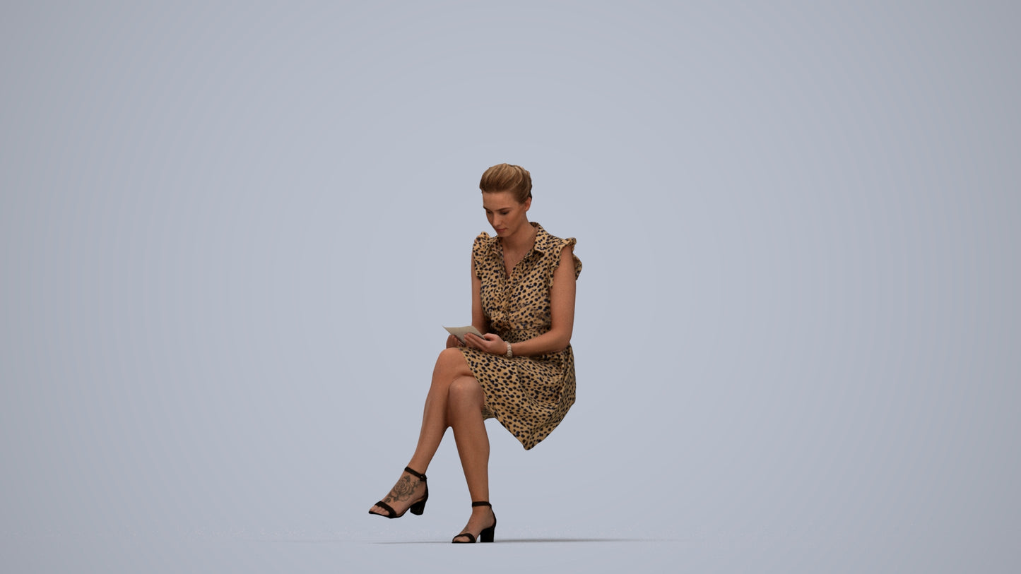 scanned 3D woman casual sitting, photogrammetry people for Enscape and V-Ray, top-down view render