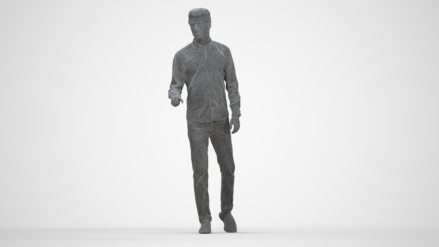 3D human model man casual walking, photogrammetry scanned person for archviz, wireframe back view