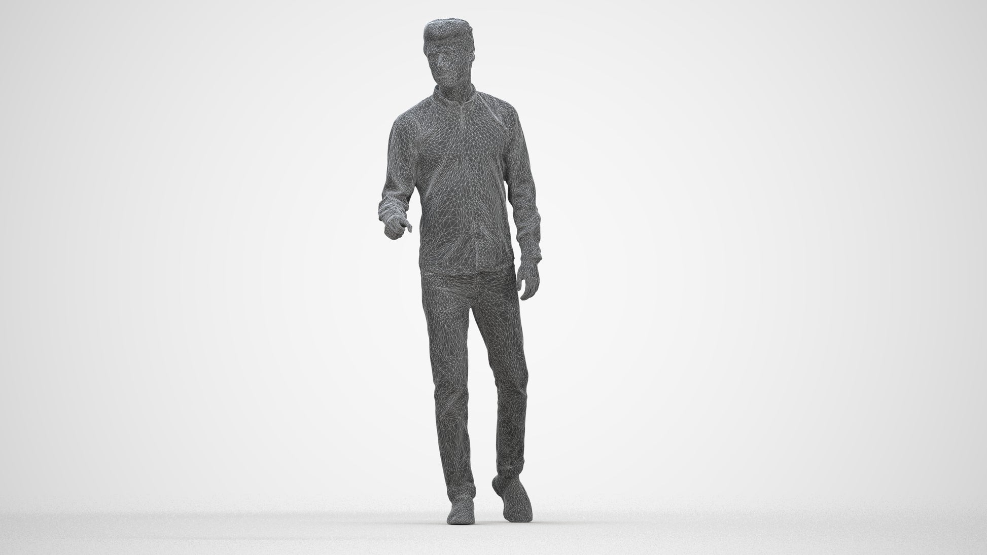 3D human model man casual walking, photogrammetry scanned person for archviz, wireframe back view