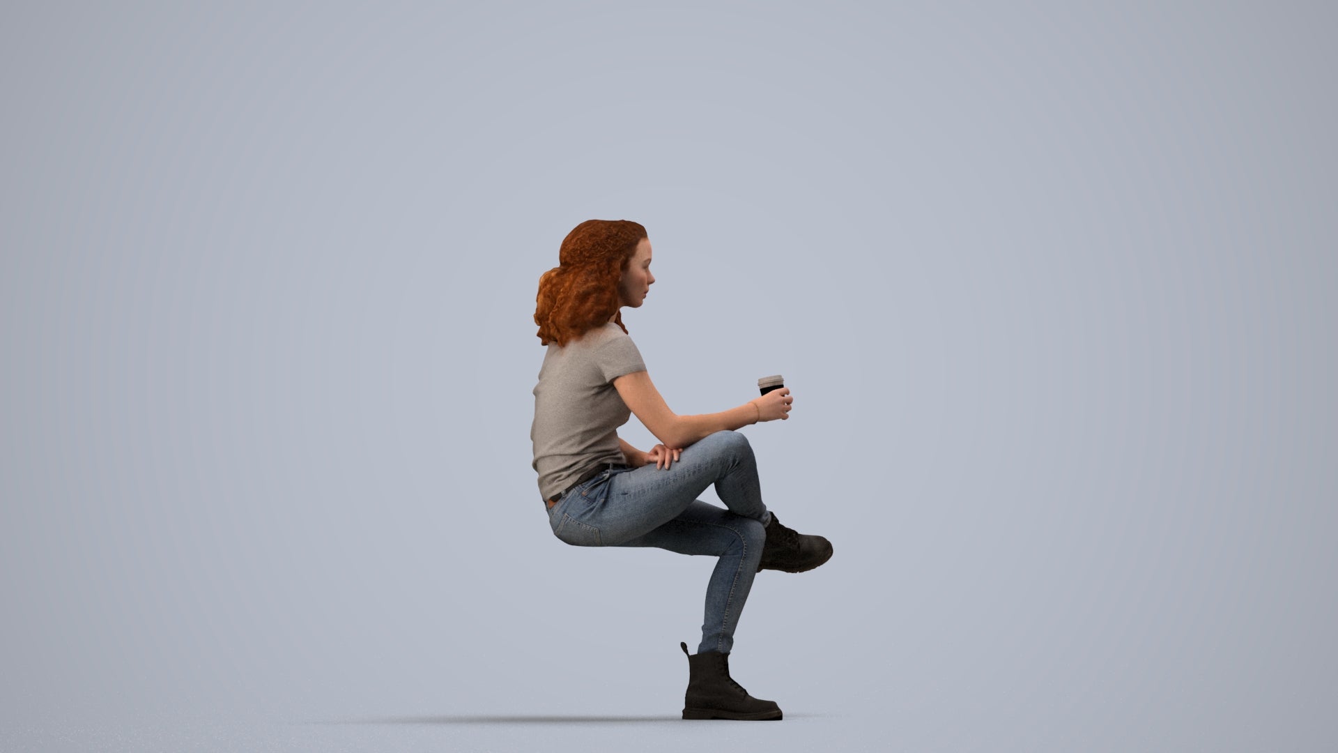 realistic 3D human woman casual sitting, archviz people FBX OBJ for Blender, side view render