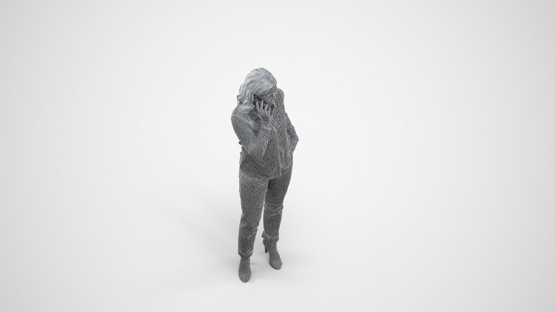 realistic 3D human woman casual standing, archviz people FBX OBJ for Blender, wireframe three-quarter view