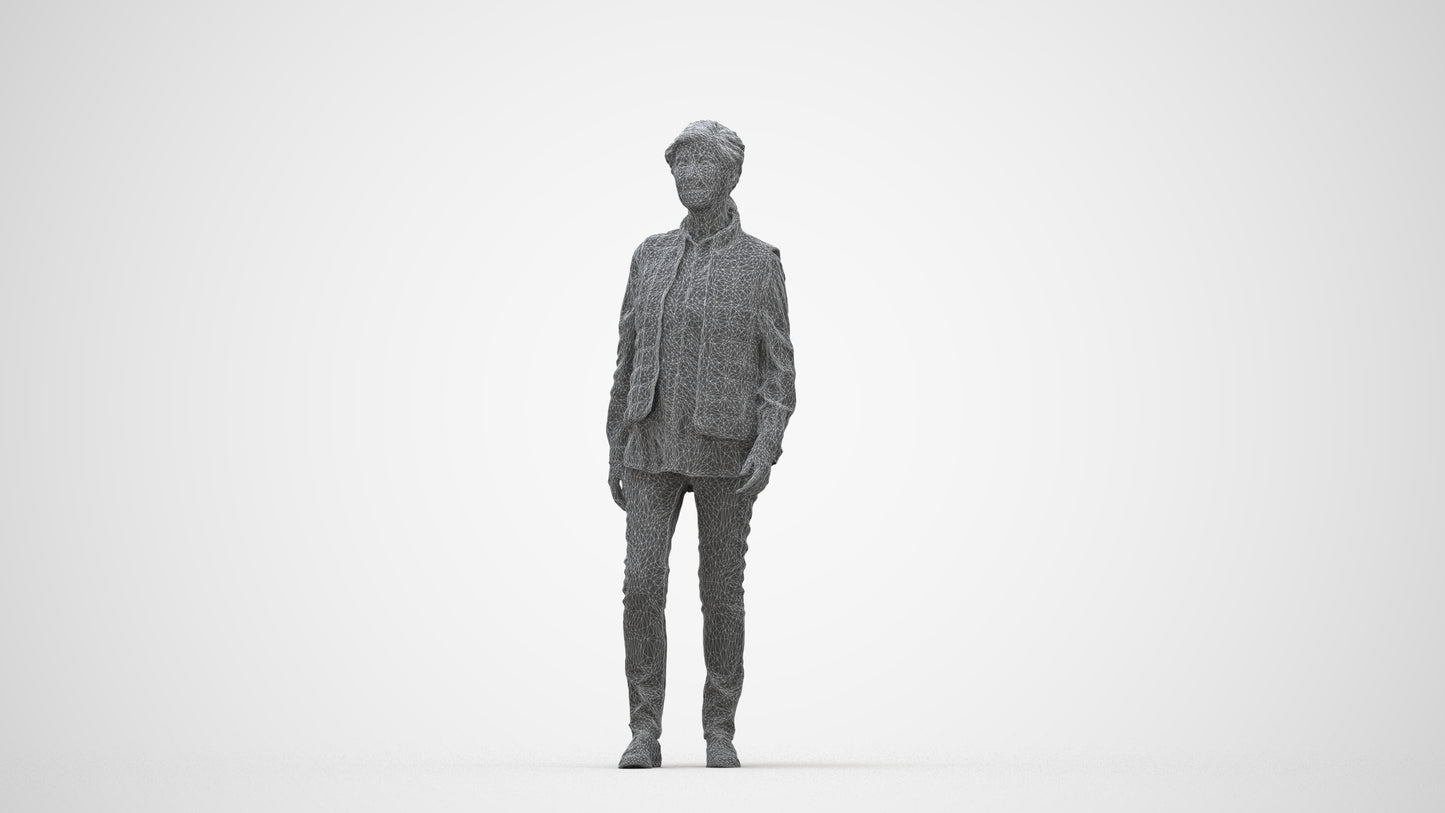 realistic 3D senior woman casual walking, scanned archviz people for Blender and 3ds Max, wireframe back view