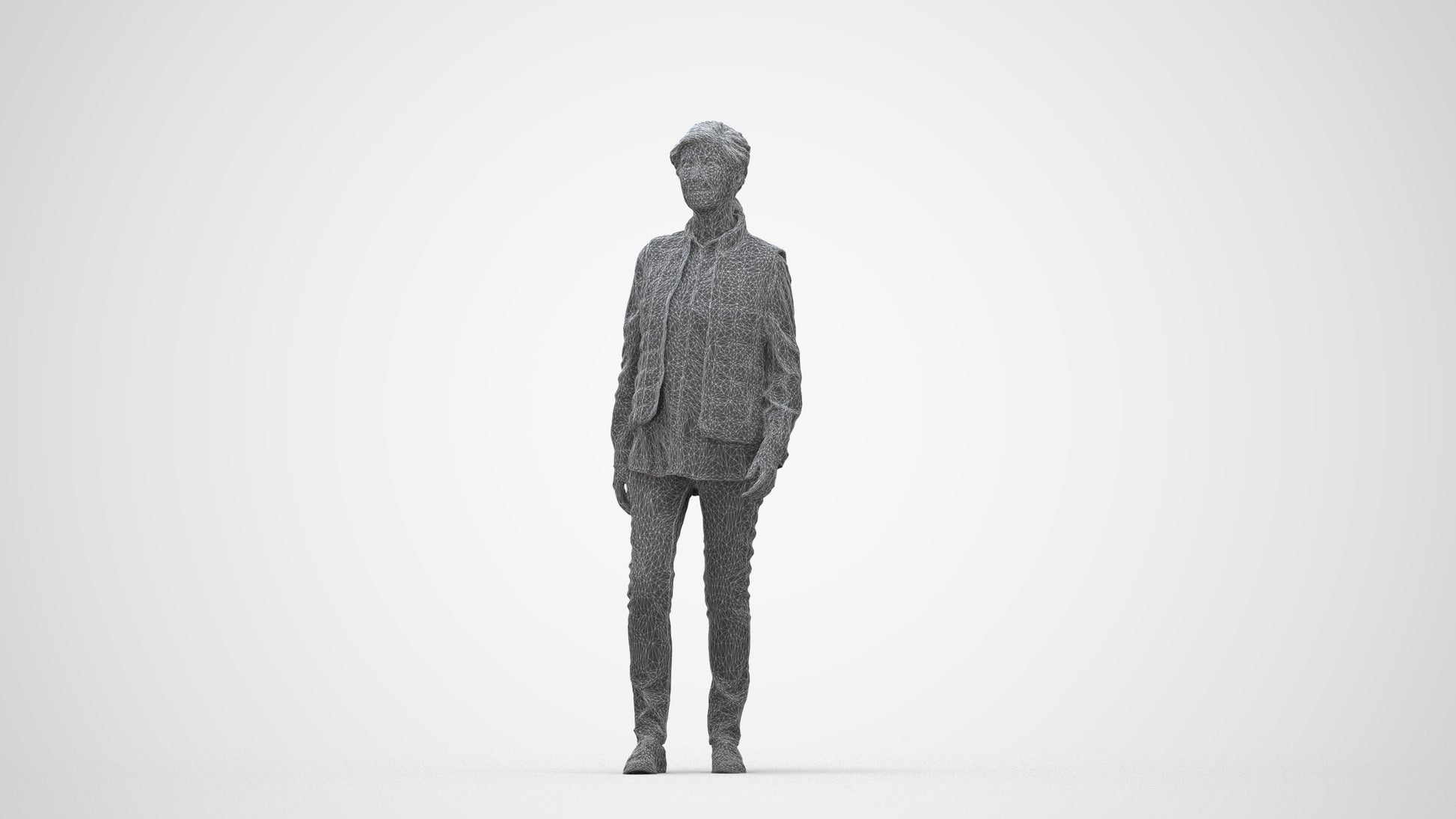 realistic 3D senior woman casual walking, scanned archviz people for Blender and 3ds Max, wireframe back view