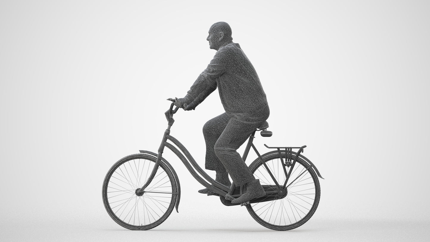 3D human model senior man business cycling, photogrammetry scanned person for archviz, square thumbnail