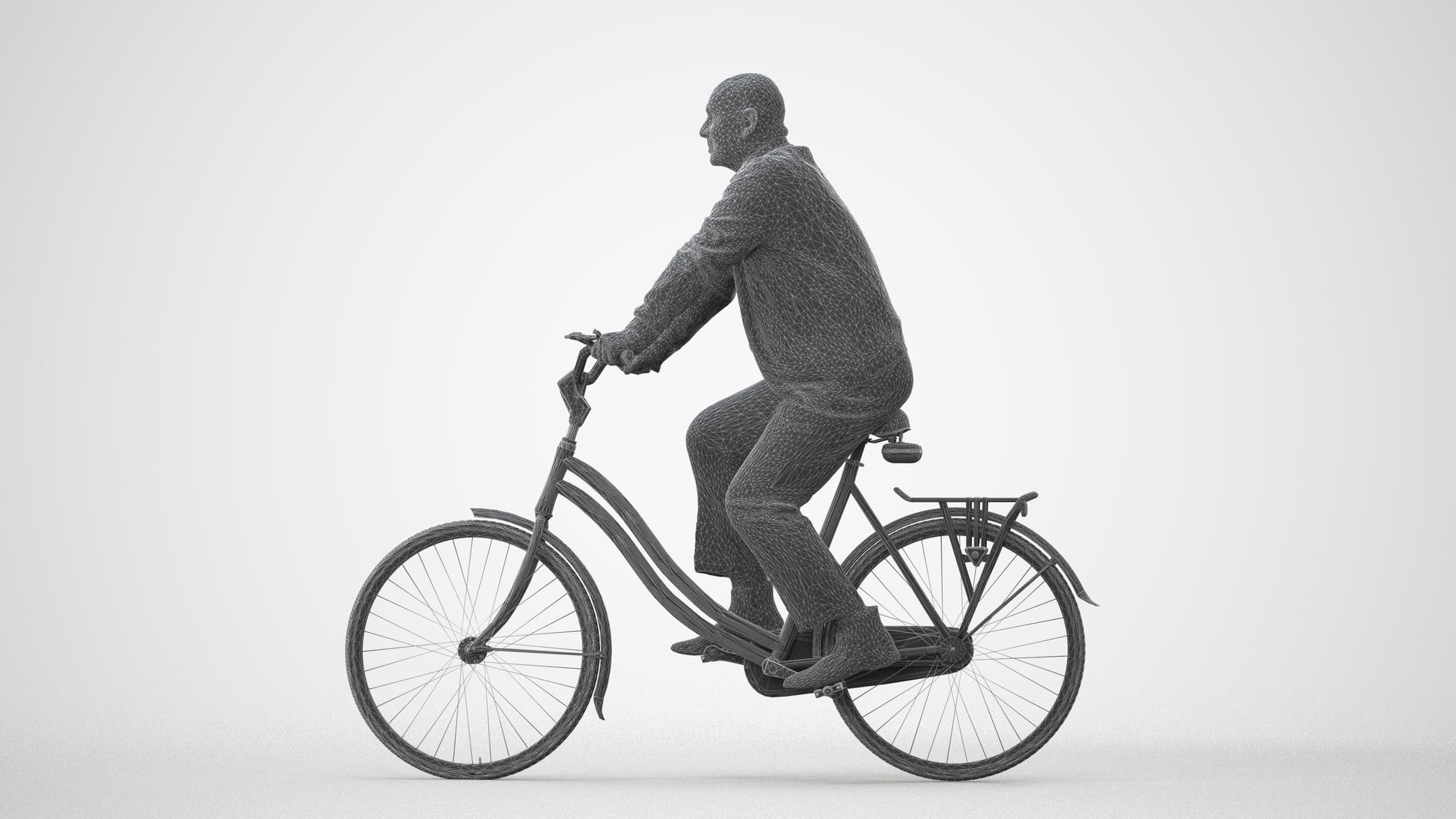 3D human model senior man business cycling, photogrammetry scanned person for archviz, square thumbnail