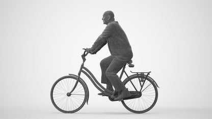 3D human model senior man business cycling, photogrammetry scanned person for archviz, square thumbnail