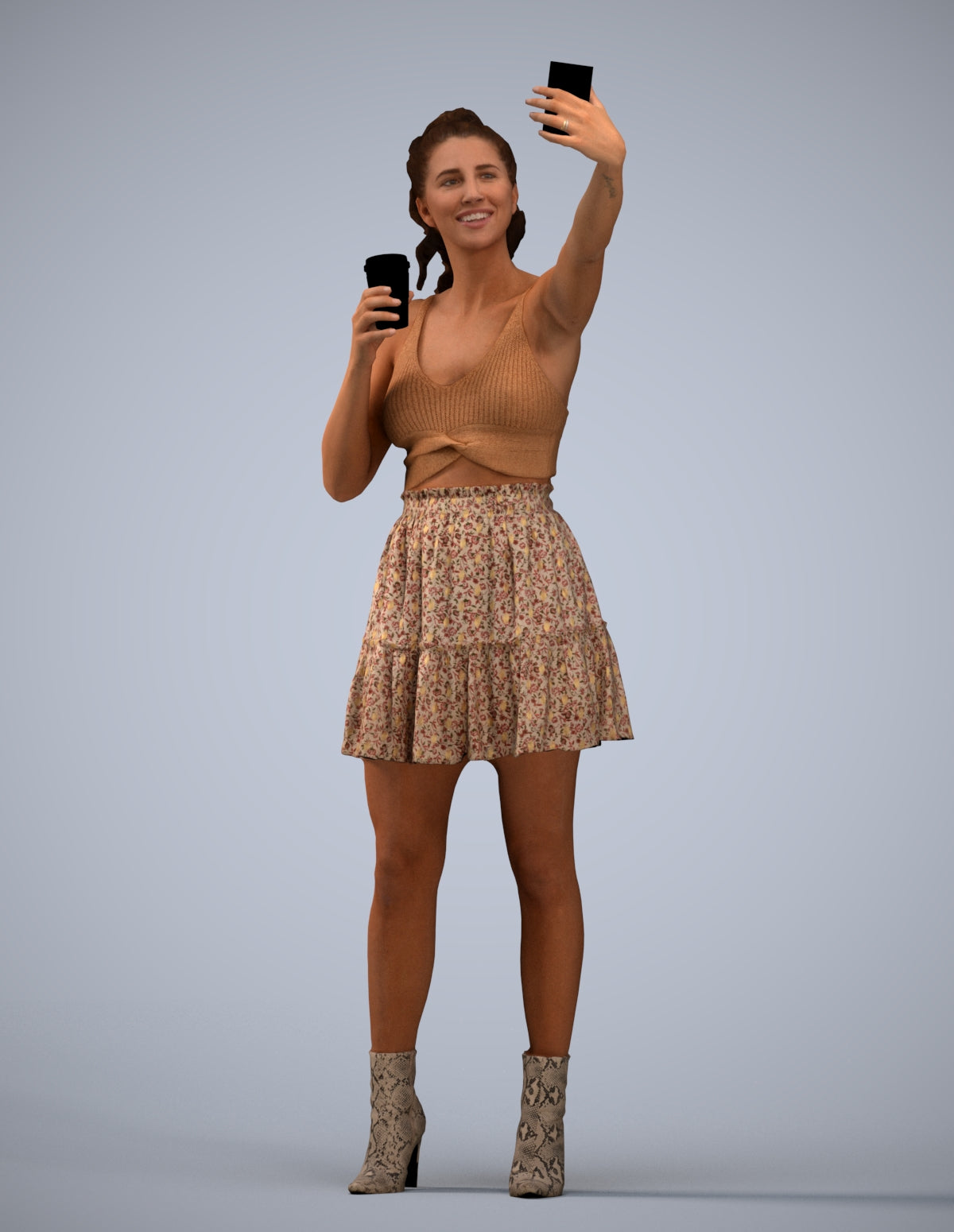 3D human model woman casual standing, photogrammetry scanned person for archviz