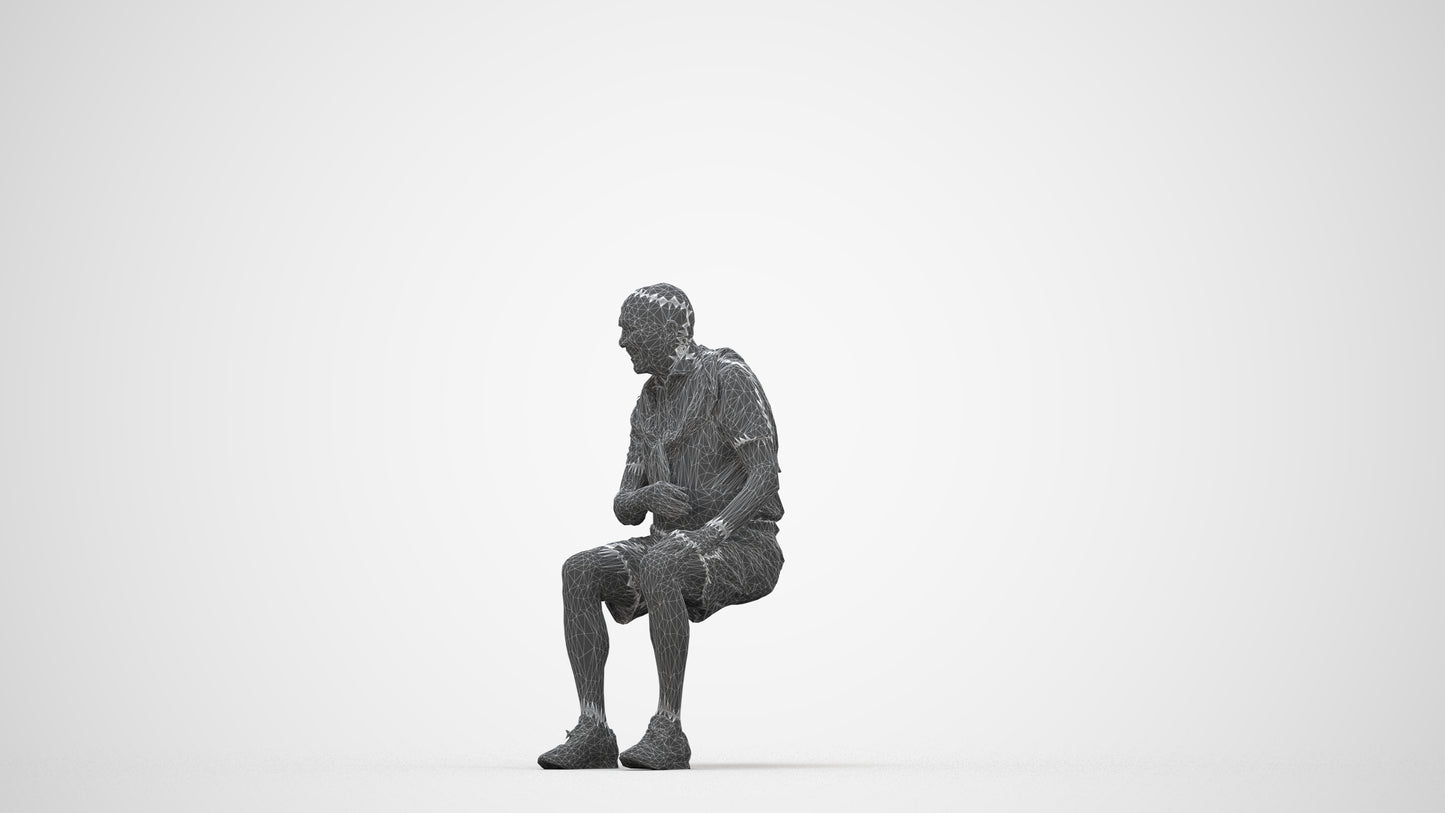 scanned 3D senior man casual sitting, photogrammetry people for Enscape and V-Ray, wireframe back view