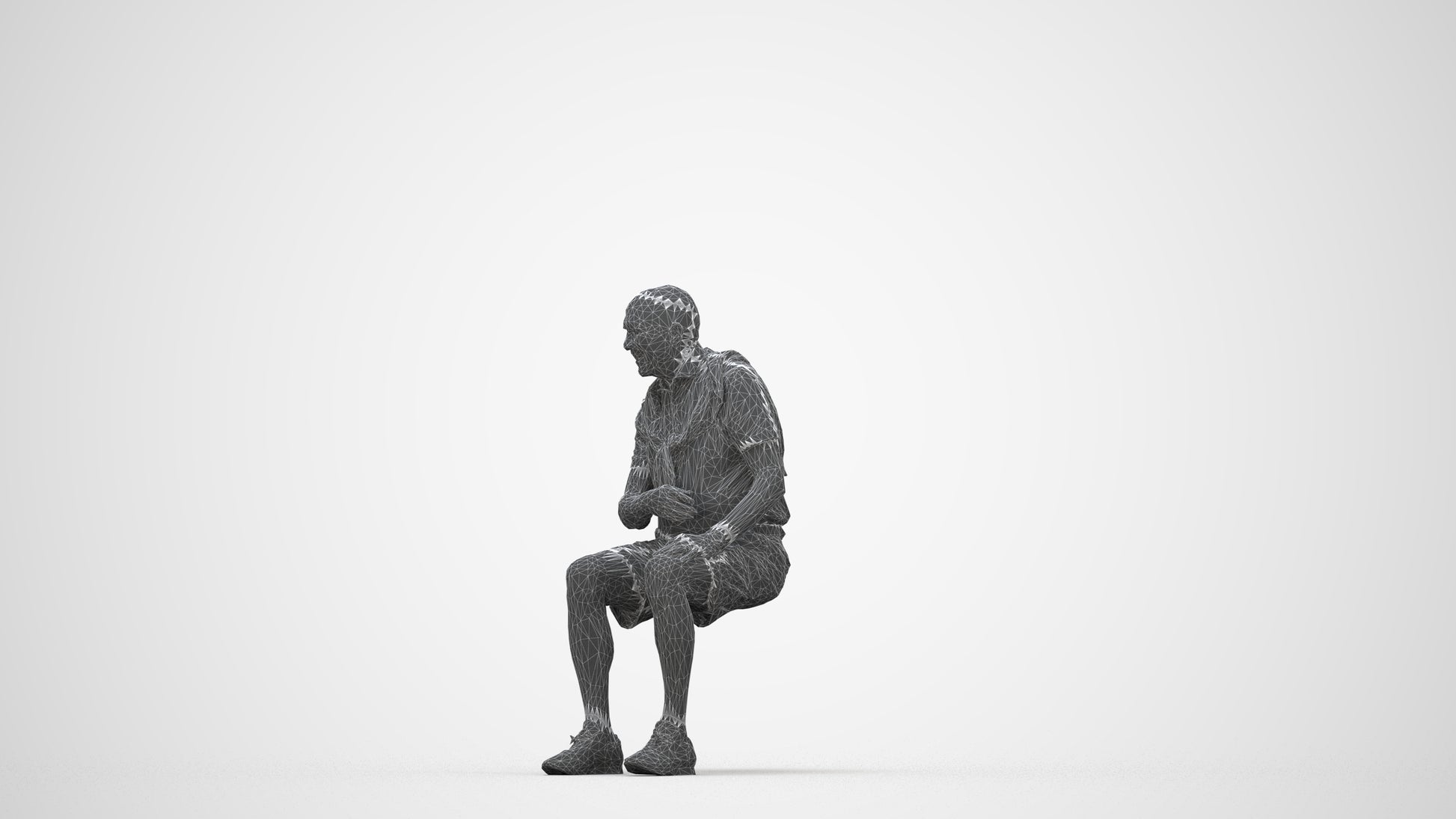 scanned 3D senior man casual sitting, photogrammetry people for Enscape and V-Ray, wireframe back view