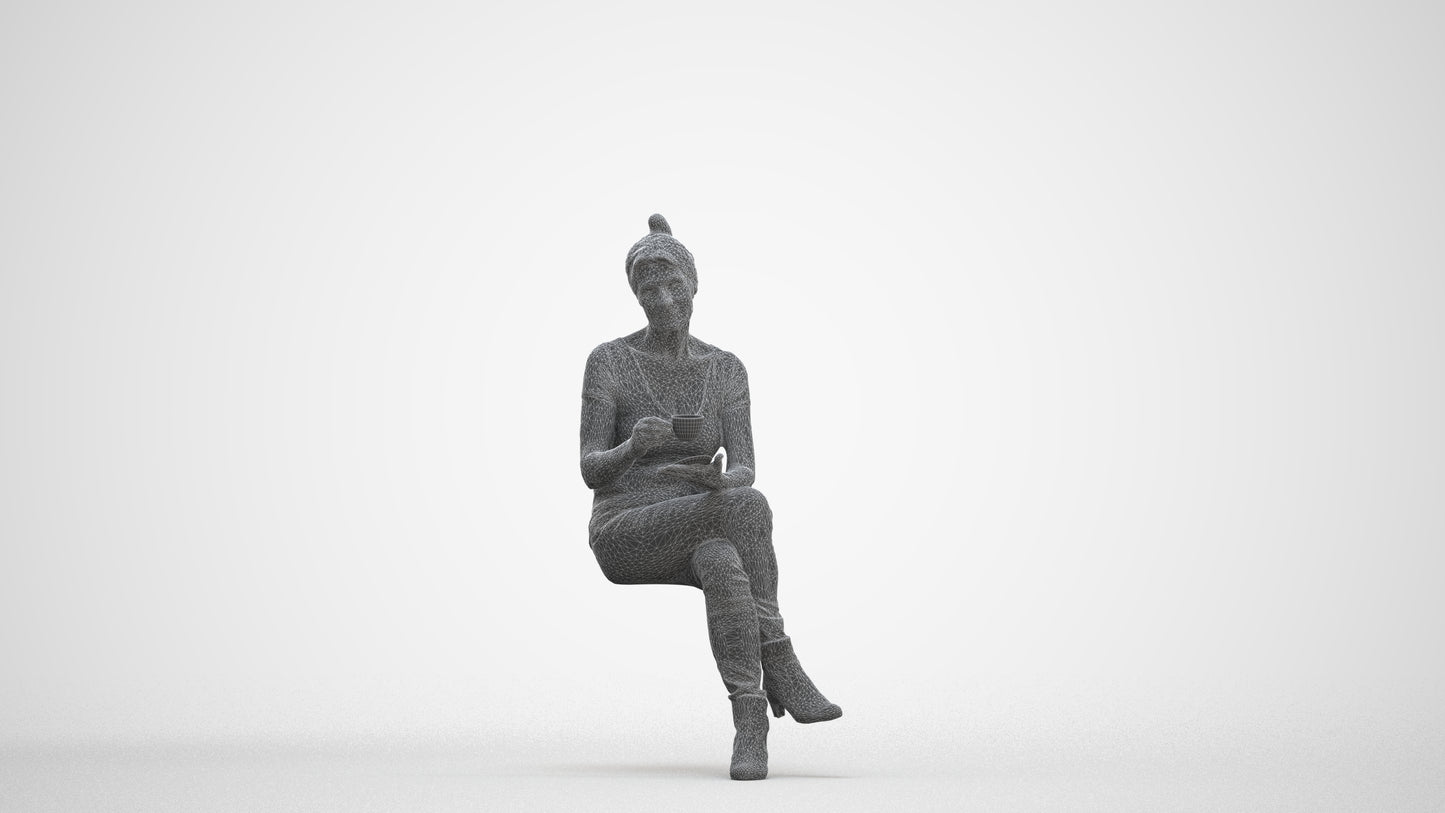 realistic 3D people senior woman casual sitting, render-ready for V-Ray and Corona, FBX OBJ, three-quarter front view render
