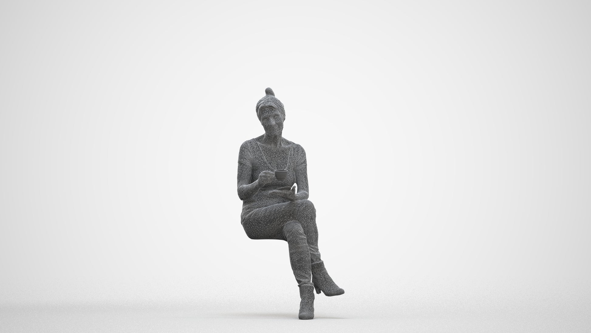 realistic 3D people senior woman casual sitting, render-ready for V-Ray and Corona, FBX OBJ, three-quarter front view render