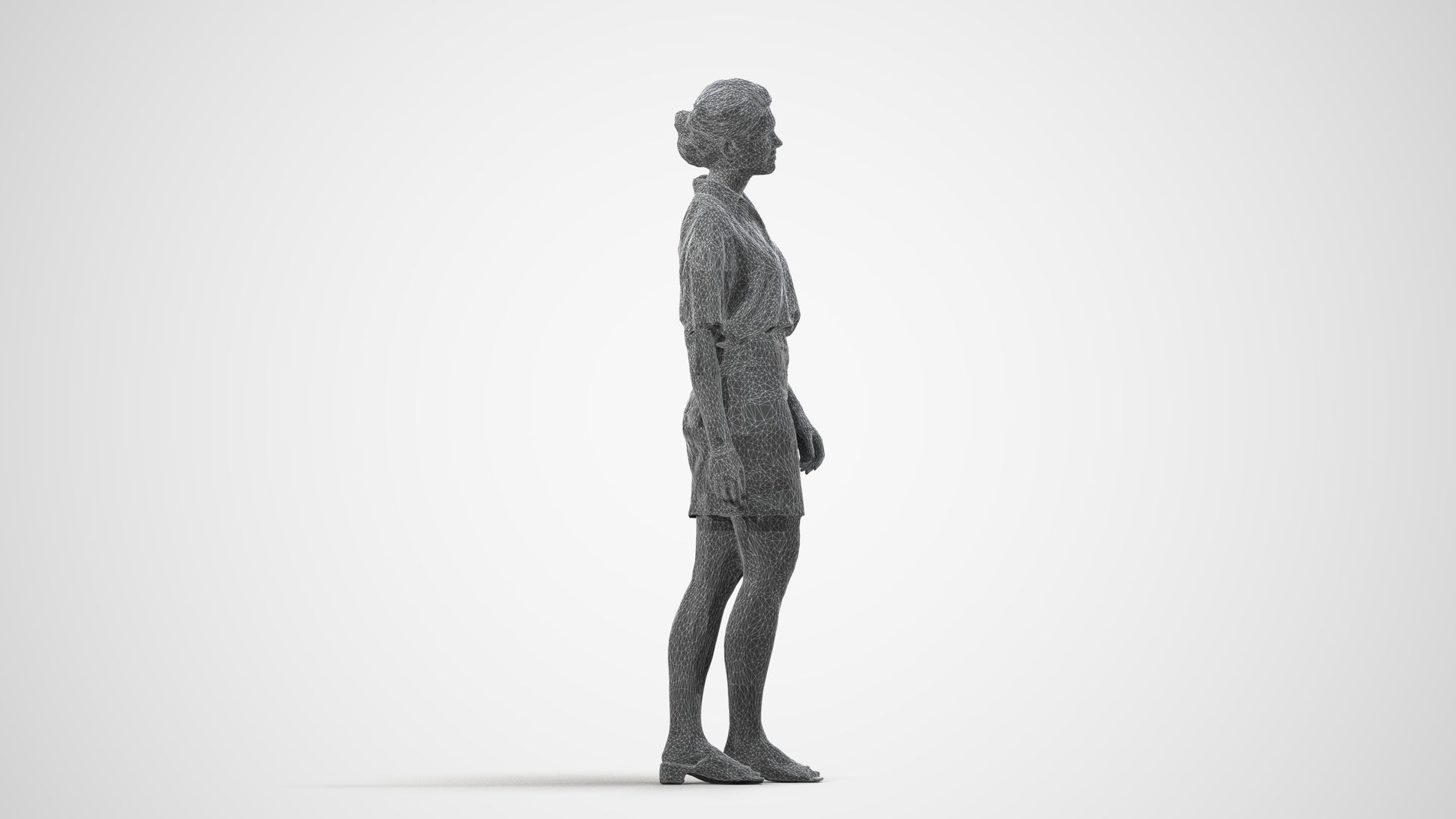 realistic 3D people woman casual standing, render-ready for V-Ray and Corona, FBX OBJ, wireframe side view