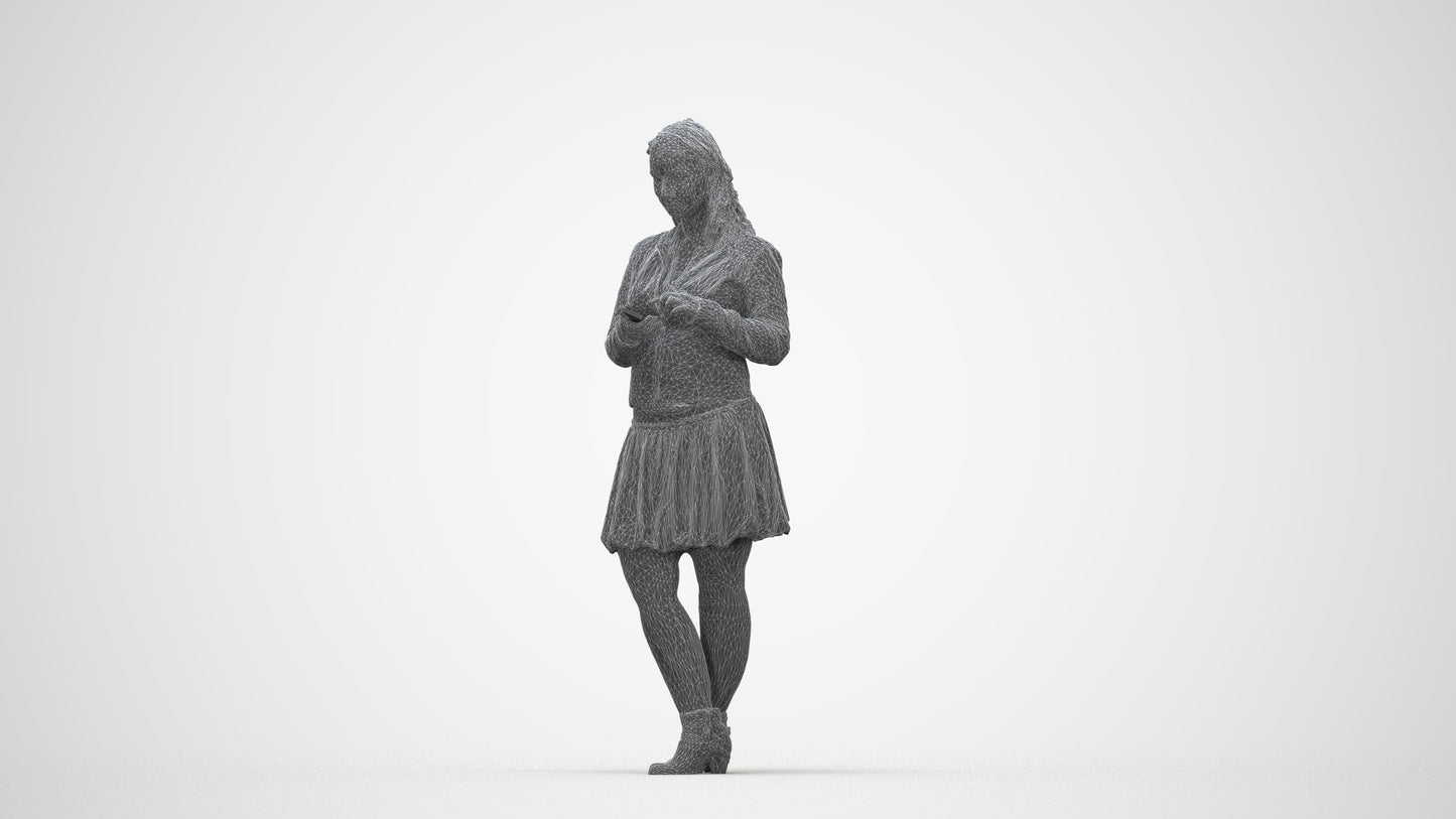 3D scanned woman standing casual, photorealistic archviz people for Enscape and SketchUp, wireframe back view